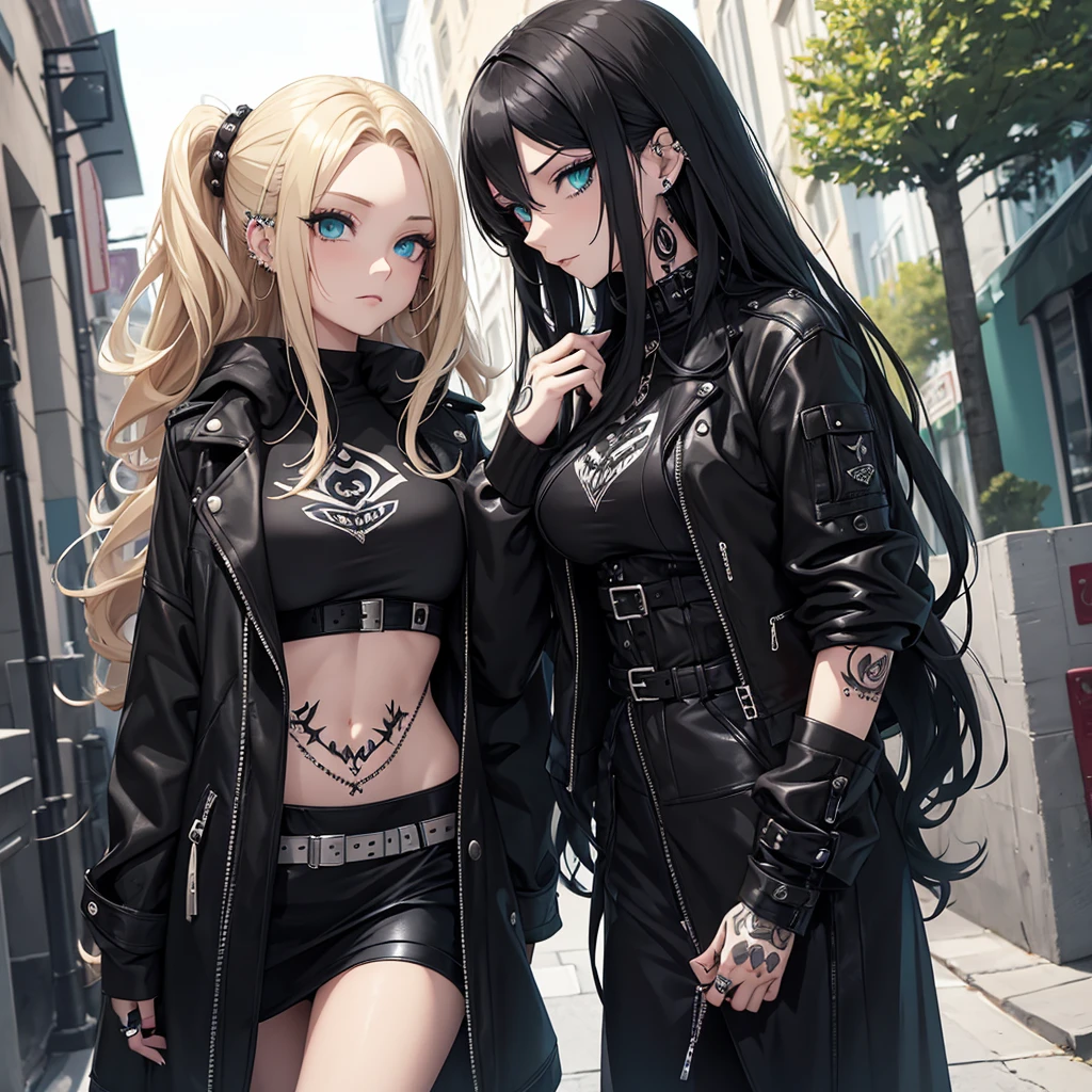 Female with a long black hair and blue eyes wearing goth clothes, piercings and tattos with her girlfriend, a female with curly blonde hair and green eyes wearing cute clothes