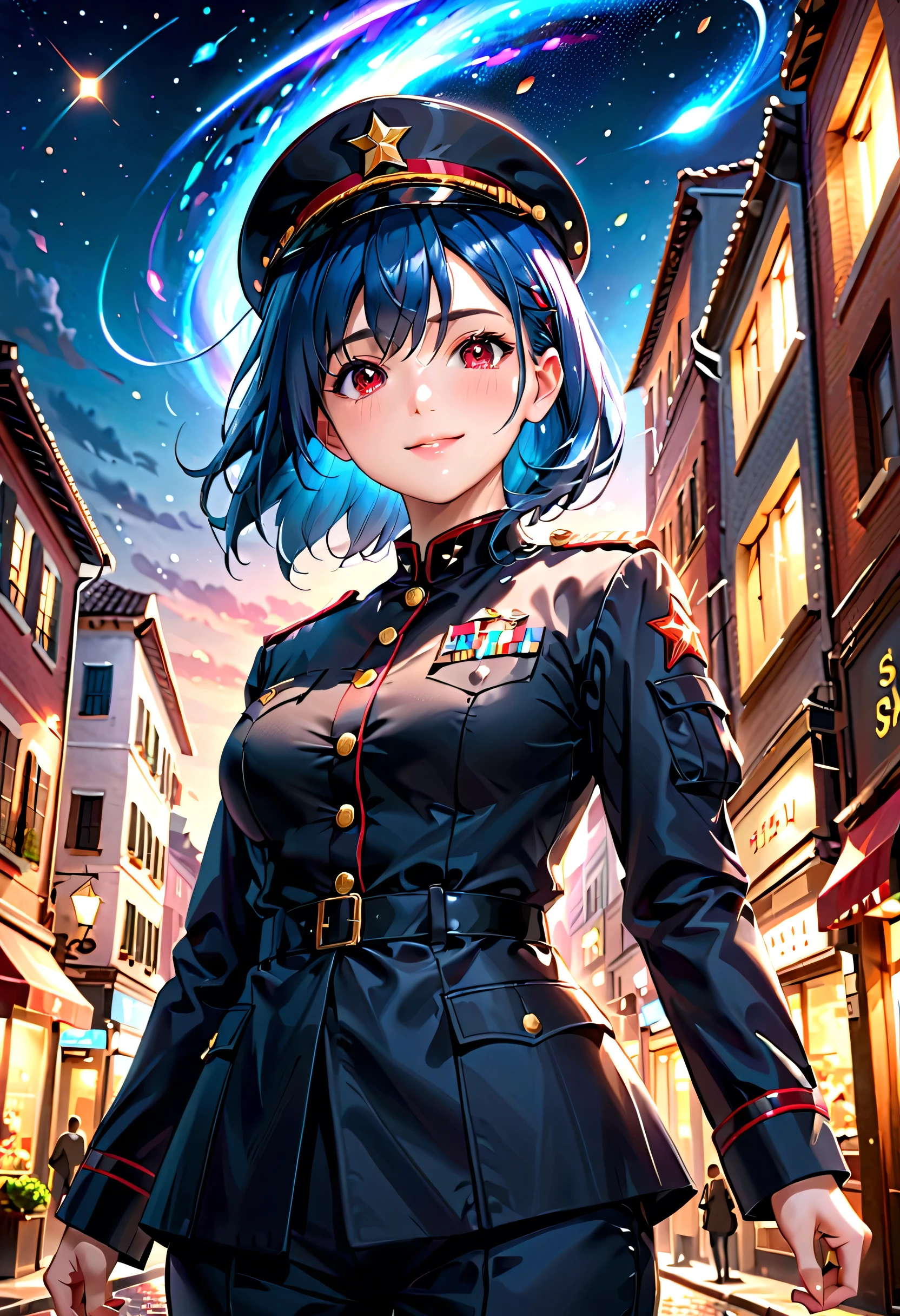 a girl in army-colored military uniform, looking up at the night sky, wearing a hat that matches her outfit, with blue hair and red eyes, smiling, full body, fish-eye lens, many shooting stars, with floating light particles, elemental ambience, low angle, best quality, 4k, 8k, highres, masterpiece:1.2, ultra-detailed, realistic, photorealistic, photo-realistic:1.37, HDR, UHD, studio lighting, ultra-fine painting, sharp focus, physically-based rendering, extreme detail description, professional, vivid colors, bokeh, portrait, concept art
