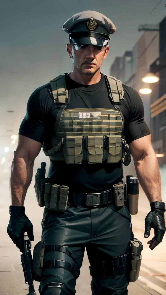 1 man, 45-year old, character of the game Cal of Duty Modern Warfire, stands calmly, portrait of fit special forces officer, wearing light grey t-shirt, armored vest, ballistic glasses and light grey army cap, black half-gloves, sneaky, short bright hair, (epic pose),(free hands:1,1), (full length:1.2), warzone
