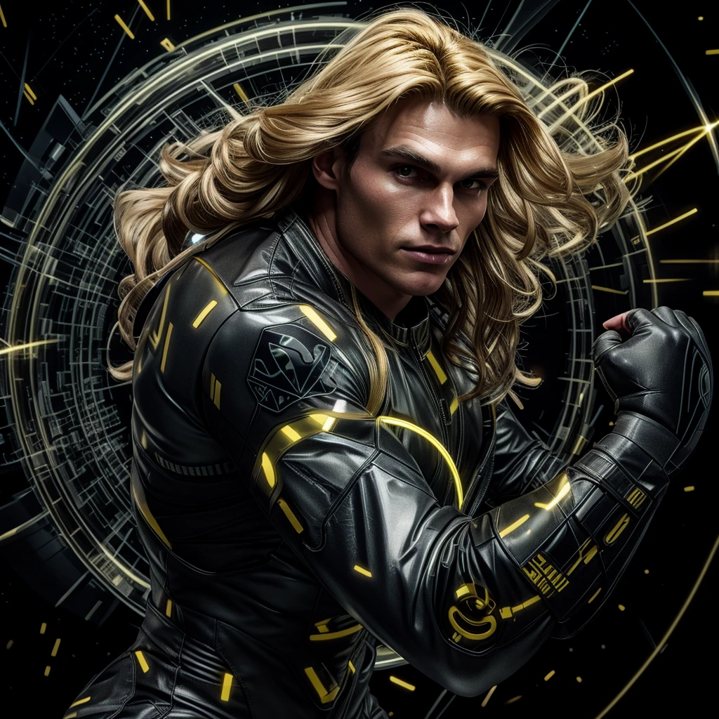 A muscled young beauty man wearing dark gray latex with brilliant yellow hologram ancient unknown characters projected by the suit on the air around him. He has a very long blonde and golden hair. Ultrarealistic Art in 4k. He IS running on a speed light and left behind him E=MC2 and 299 792 458 floating on the air.