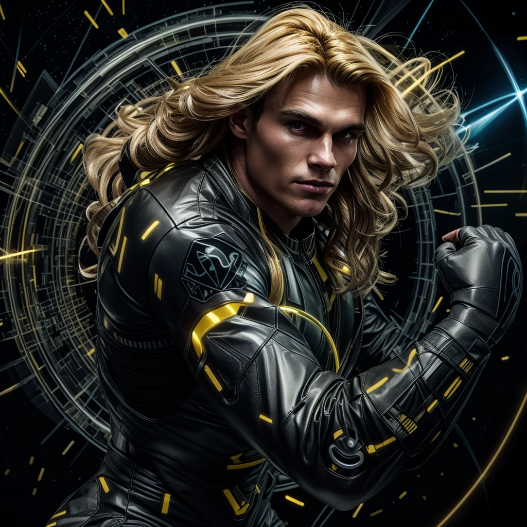 A muscled young beauty man wearing dark gray latex with brilliant yellow hologram ancient unknown characters projected by the suit on the air around him. He has a very long blonde and golden hair. Ultrarealistic Art in 4k. He IS running on a speed light and left behind him E=MC2 and 299 792 458 floating on the air.