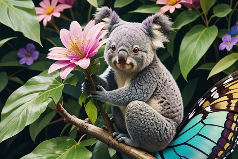 background colorful flowers, koala with butterfly wings