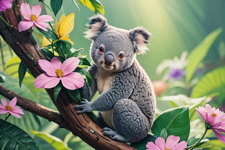 background colorful flowers, koala with butterfly wings