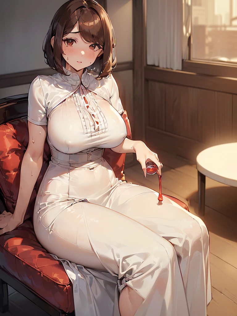 (((White short sleeve elegant blouse、Red long skirt、Drinking tea from a white cup))),(((Apartment room、Sitting in a chair、Anxious expression)))Mid-length bob cut hair:1.9. Very large breasts:1.6、(((1 Female:1.3))), (((Brown Hair:1.3. Wavy Hair:1.6. Bob Cut Hair:1.9 Round Eyes Beauty:1.3. Shapely breasts, brown eyes, side-swept bangs, red cheeks:1.3 Sweat:1.3)))、(((Top quality masterpiece high resolution perfect human body:1.3))),(((Sweat:1.3,cute:1.3)))