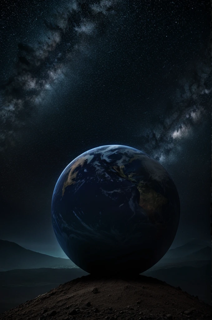 Dark sky dark blue earth glowing man watching from soace