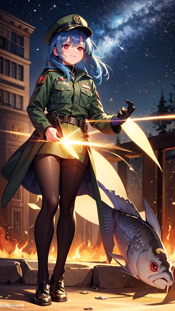 a girl in army-colored military uniform, looking up at the night sky, wearing a hat that matches her outfit, with blue hair and red eyes, smiling, full body, fish-eye lens, many shooting stars, with floating light particles, elemental ambience, low angle, best quality, 4k, 8k, highres, masterpiece:1.2, ultra-detailed, realistic, photorealistic, photo-realistic:1.37, HDR, UHD, studio lighting, ultra-fine painting, sharp focus, physically-based rendering, extreme detail description, professional, vivid colors, bokeh, portrait, concept art