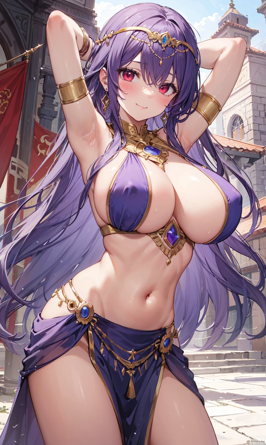 high quality, ultra detailed, best quality, insanely detailed, beautiful, masterpiece, 1girl, medieval plaza, cowboy shot, red eyes, long hair, purple hair, belly dancer, circlet, earrings, armlets, bracelets, bashful smile, large breasts, cleavage, soft stomach