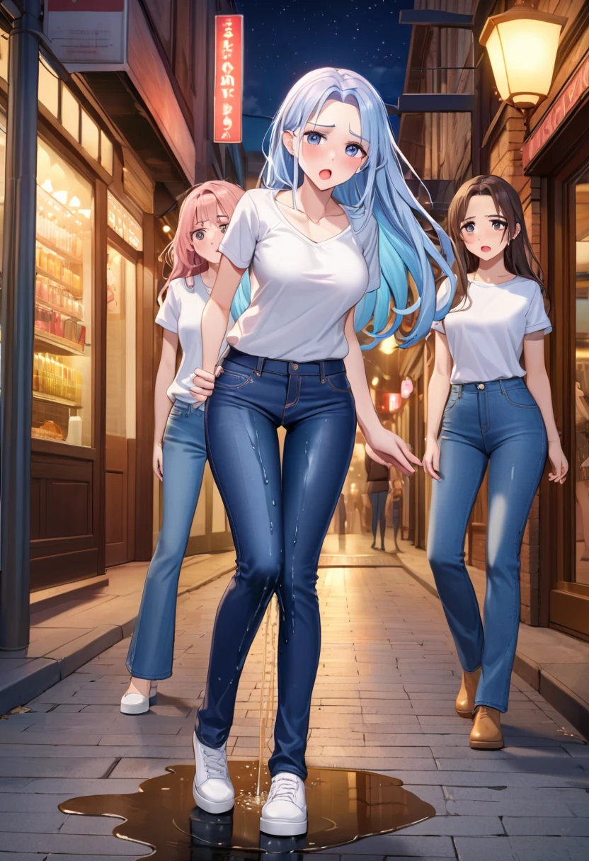 tmasterpiece，very best quality，super detailing，2 beautiful girls，face laughing，Wear ripped sports bras and blue jeans，walking in the shopping malls，beautiful shopping malls background，Detailed skins，8K，full body shot of，Grassed , (two heads)