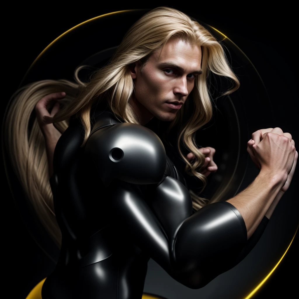 A muscled young beauty man wearing dark gray latex with brilliant yellow hologram ancient unknown characters projected by the suit on the air around him. He has a very long blonde and golden hair. Ultrarealistic Art in 4k. He IS running on a speed light and left behind him E=MC2 and 299 792 458 floating on the air.