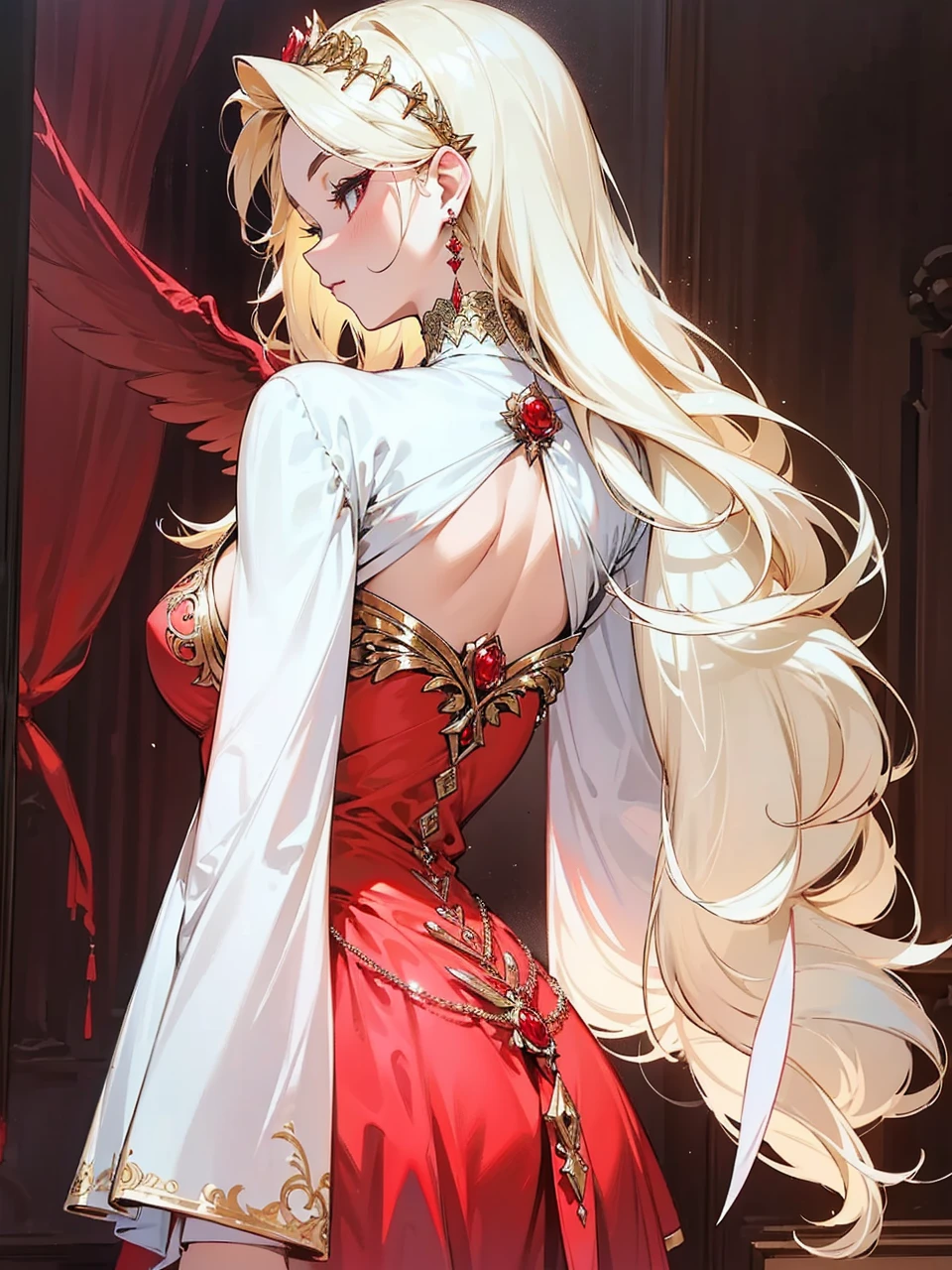 Add in roses to her dress, a good back dress design with some golden jewelry, make her dress into a red and white gown with a hat, give her some unique Jewelry, and make her look somewhat of a demonic angel like appearance to her