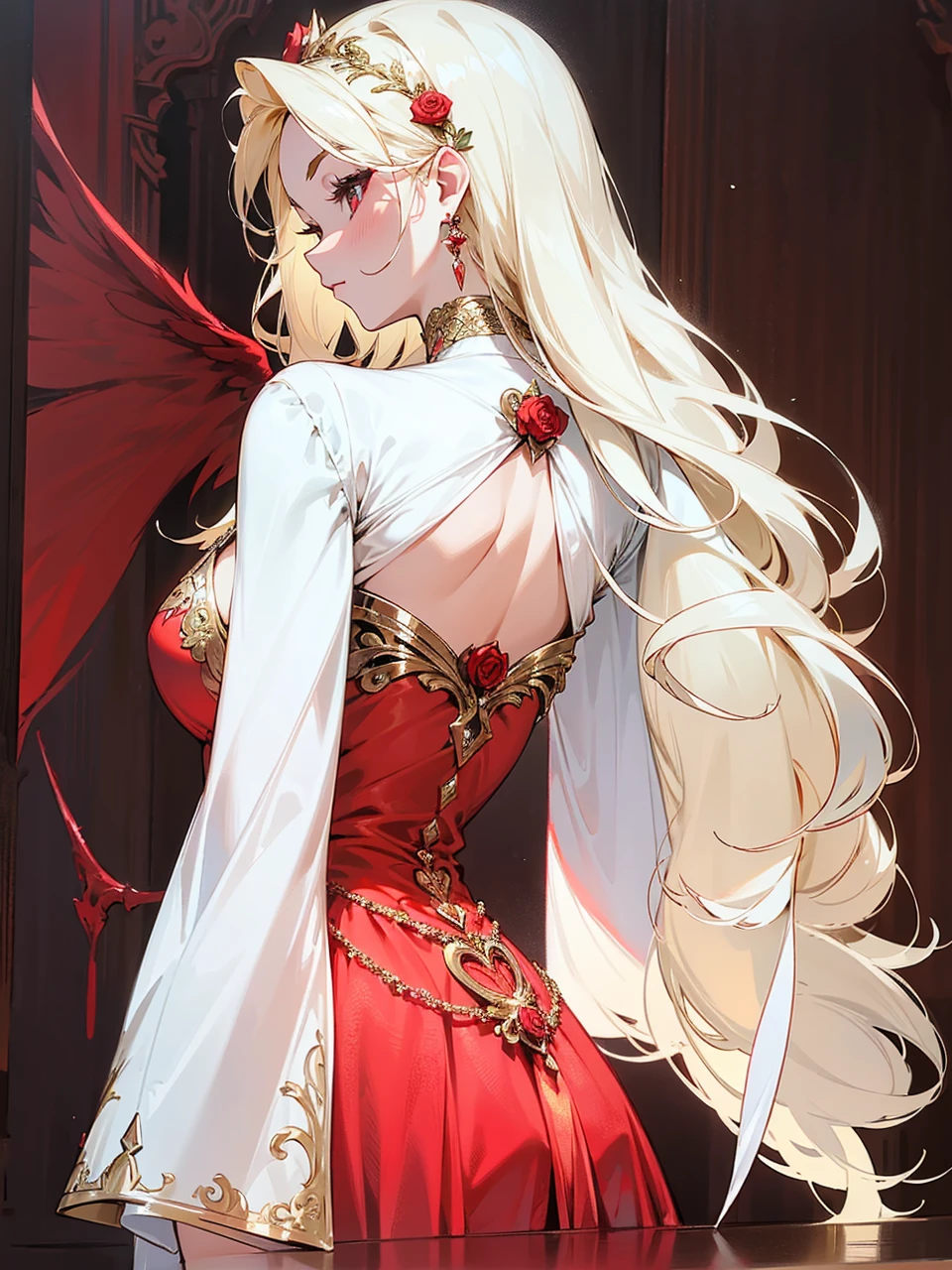 Add in roses to her dress, a good back dress design with some golden jewelry, make her dress into a red and white gown with a hat, give her some unique Jewelry, and make her look somewhat of a demonic angel like appearance to her