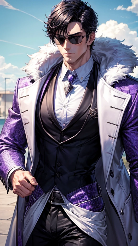 A tall, white muscular man with short, black hair and purple shade sunglasses stands confidently. He is wearing a stylish, dark jacket with intricate purple patterns over a light blue shirt. He has a serious expression, high detailed, 8K, masterpiece.