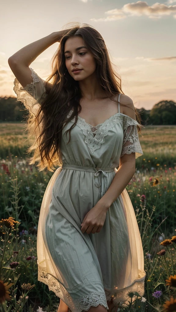 A afternoon breathtakingly beautiful girl with light brown hazel eyes sparkling with joy as she stands gracefully in the midst of a vast field of wildflowers holding a flower. Her long, wavy dark brown hair reaching her waist dances freely in the gentle summer breeze, creating a soft frame around her radiant face. The girl is wearing a long, flowing modest night gown . The gown's intricate lace pattern catches the warm glow of the setting sun, casting a magical, ethereal light across the landscape. The wildflowers, a riot of colors from fiery reds to tranquil blues, stretch as far as the eye can see, creating a sea of natural beauty that mirrors the young woman's own.