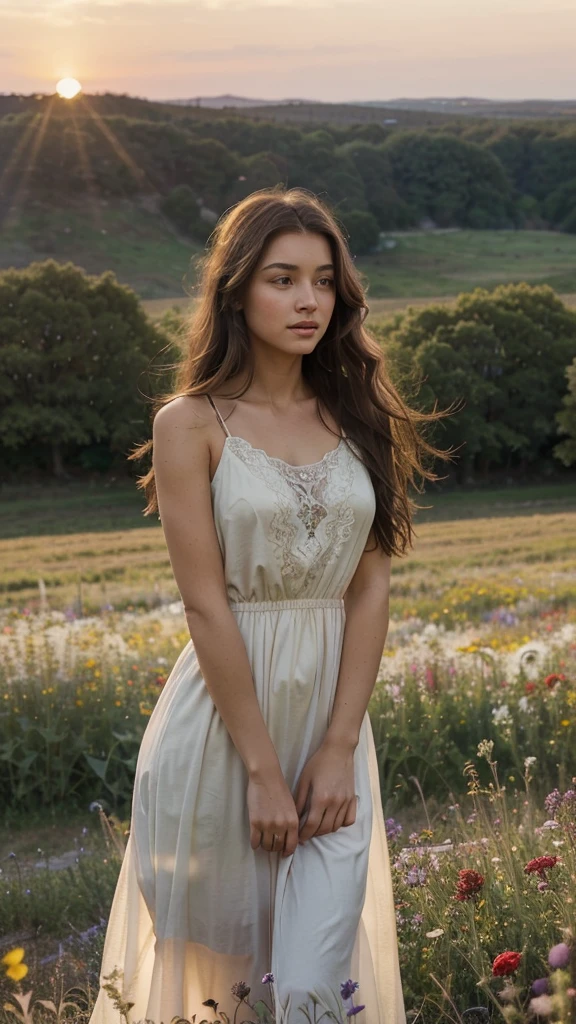 A afternoon breathtakingly beautiful girl with light brown hazel eyes sparkling with joy as she stands gracefully in the midst of a vast field of wildflowers holding a flower. Her long, wavy dark brown hair reaching her waist dances freely in the gentle summer breeze, creating a soft frame around her radiant face. The girl is wearing a long, flowing modest night gown . The gown's intricate lace pattern catches the warm glow of the setting sun, casting a magical, ethereal light across the landscape. The wildflowers, a riot of colors from fiery reds to tranquil blues, stretch as far as the eye can see, creating a sea of natural beauty that mirrors the young woman's own.