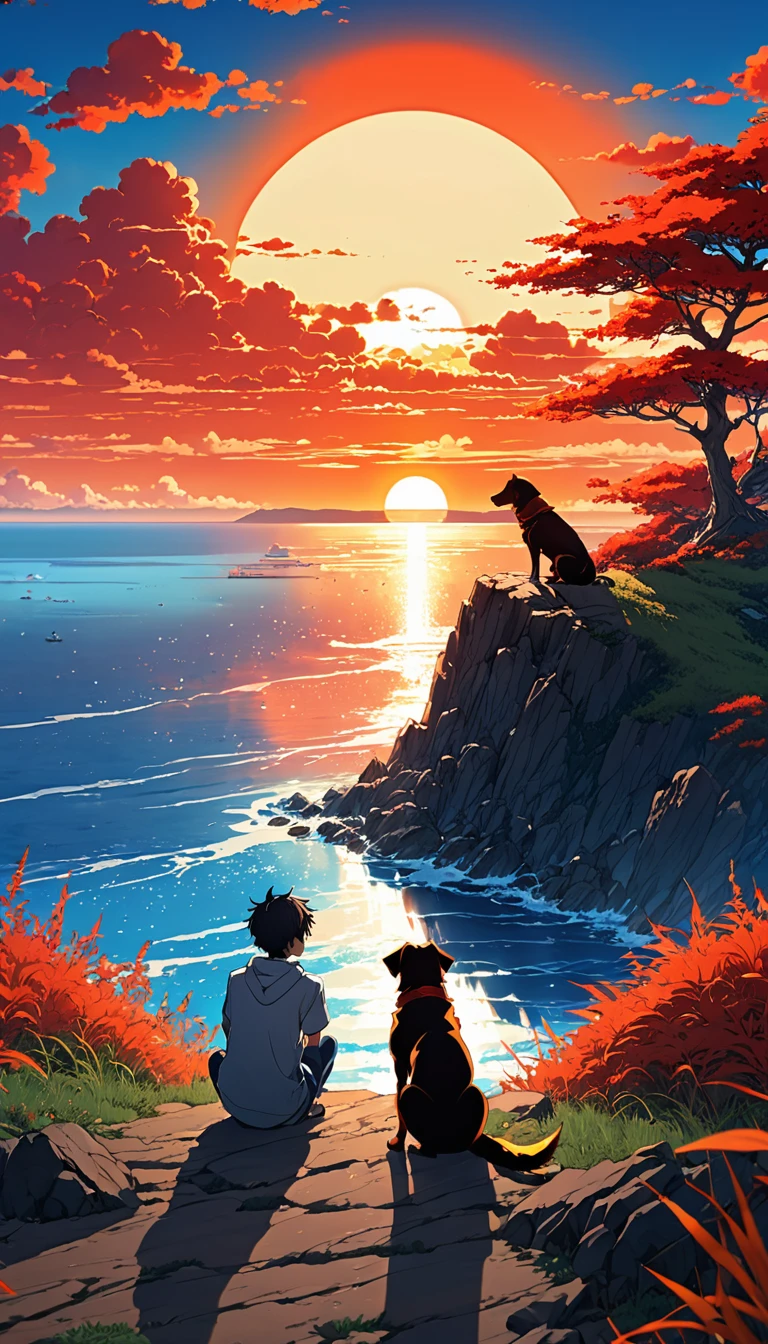 high quality, 8K Ultra HD, great detail, masterpiece, an anime style digital illustration, anime landscape of a boy with his dog sitting on a hill, ocean, looking at a hellish orange and red sunset, nature anime wallpapers with a serene sky, anime beautiful scene, beautiful anime peace scene, Makoto Shinkai Cyril Rolando, beautiful anime scene, amazing wallpaper, 8k anime art wallpaper, anime background, art anime background, anime wallpaper 4k, anime art wallpaper 4k, 4k