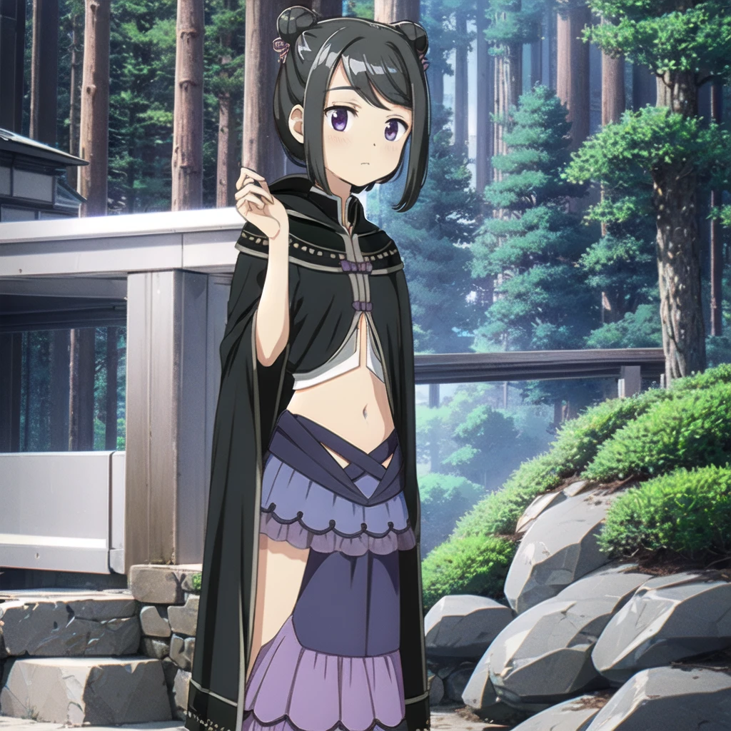 masterpiece, high quality, mgrckuroe, 1girl, (dynamic shot), medium shot, upper body, purple eyes, black hair, black with white cropped jacket, crop top, black hooded cloak with white edgings, double bun, purple bowtie, blue with pink skirt, pink hairpins, outdoors, forest, 