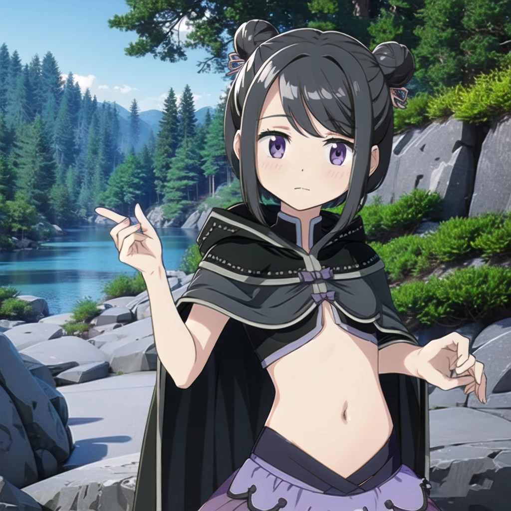 masterpiece, high quality, mgrckuroe, 1girl, (dynamic shot), medium shot, upper body, purple eyes, black hair, black with white cropped jacket, crop top, black hooded cloak with white edgings, double bun, purple bowtie, blue with pink skirt, pink hairpins, outdoors, forest, 