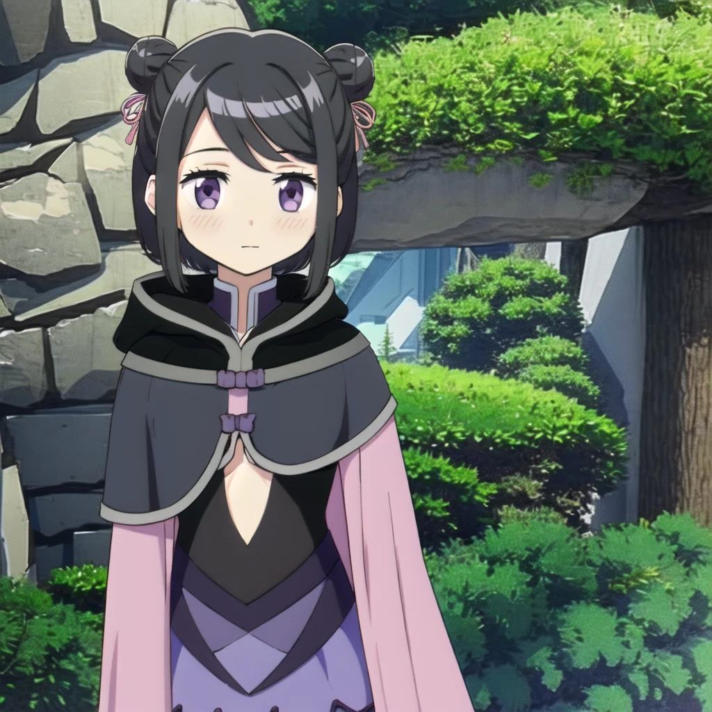 masterpiece, high quality, mgrckuroe, 1girl, (dynamic shot), medium shot, upper body, purple eyes, black hair, black with white cropped jacket, crop top, black hooded cloak with white edgings, double bun, purple bowtie, blue with pink skirt, pink hairpins, outdoors, forest,