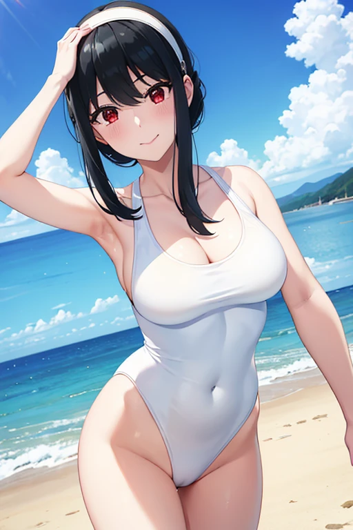 (SFW:1.8、masterpiece, Highest quality),1people々, 一people々in, Absurd、現実inは捉えられないディテールと美しさ、hyper Realistic, Realistic,Realistic, Look at the audience, 美しいbangs:2、魅力的なbangs:2、bangs:2、The underboob is visible:1.6), Mouth closed, Big breasts eye、eyelash、 whole :2, Cleavage:2、(((Eye highlightsを加える:1.4、Big breasts eye、Long Hair、She is very 美しい and cute、Show me your ears、Beautiful long neck:1.8、smile、Close your mouth and smile:1.5、bangsと美しい歯)))、Ideal body type、((A background of blue sky with very beautiful clouds:2、Beach))、Beautiful long neck:1.6、Perfect Anatomy、people々々Beautiful pads that make you feel happy:2、自然in快適な照明、Keep an eye on your audience、Look up at the viewer slightly above、Look up a little、Listen carefully、smile、whole body、((Black Hair、White hair band、Red eyes))、Eye highlights、Sweat、Beach、Sandy Beach、smile、((White leotard with open chest))、looking at the camera