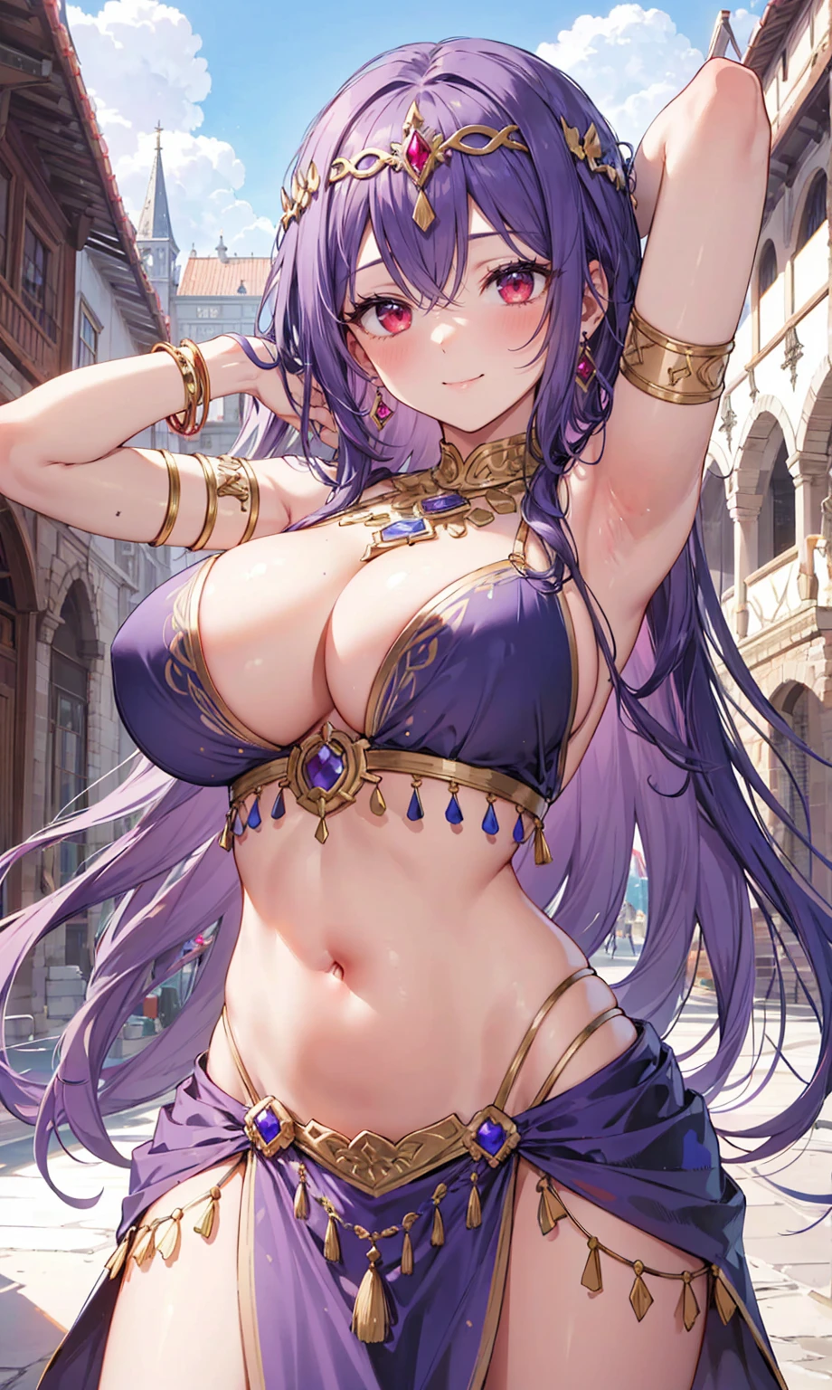 high quality, ultra detailed, best quality, insanely detailed, beautiful, masterpiece, 1girl, medieval plaza, cowboy shot, red eyes, long hair, purple hair, belly dancer, circlet, earrings, armlets, bracelets, bashful smile, large breasts, cleavage, soft stomach