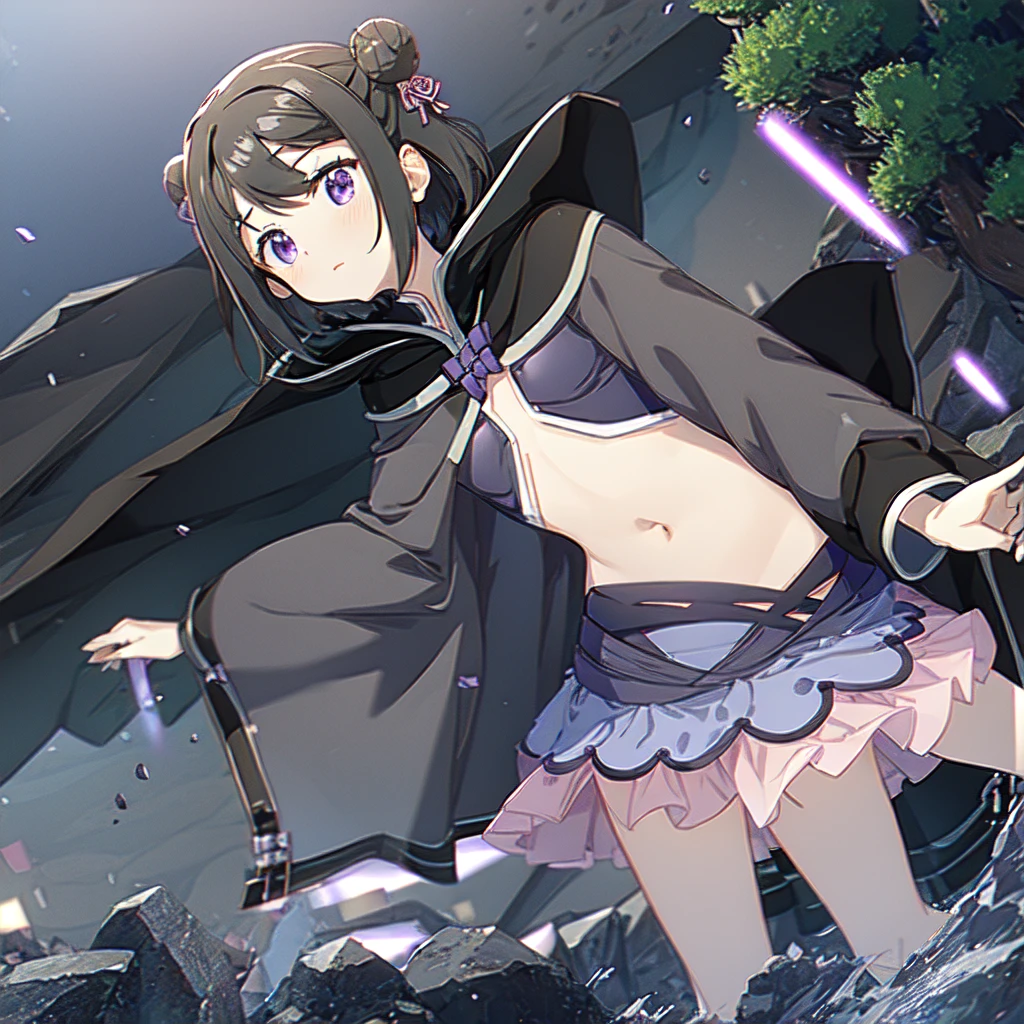 masterpiece, high quality, mgrckuroe, 1girl, (dynamic shot), medium shot, upper body, purple eyes, black hair, black with white cropped jacket, crop top, black hooded cloak with white edgings, double bun, purple bowtie, blue with pink skirt, pink hairpins, outdoors, forest, 