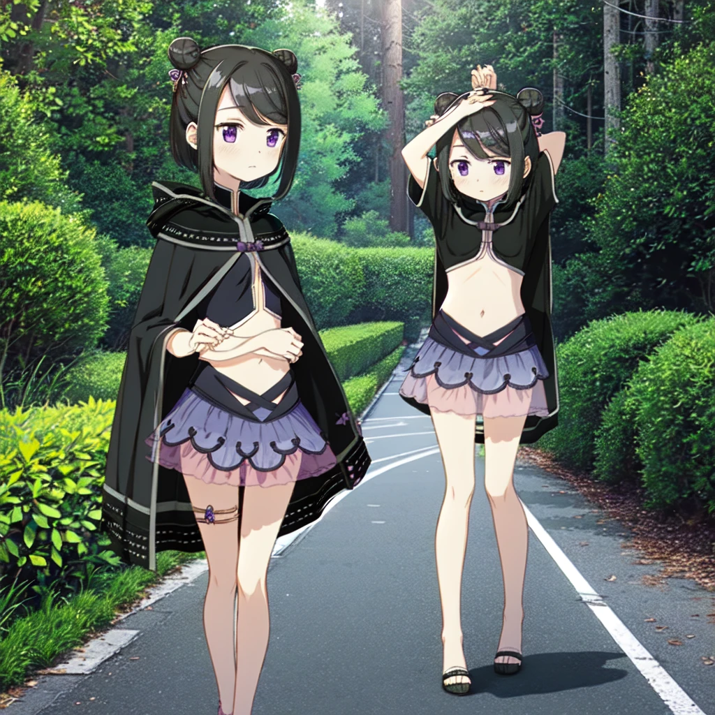 masterpiece, high quality, mgrckuroe, 1girl, (dynamic shot), medium shot, upper body, purple eyes, black hair, black with white cropped jacket, crop top, black hooded cloak with white edgings, double bun, purple bowtie, blue with pink skirt, pink hairpins, outdoors, forest, 