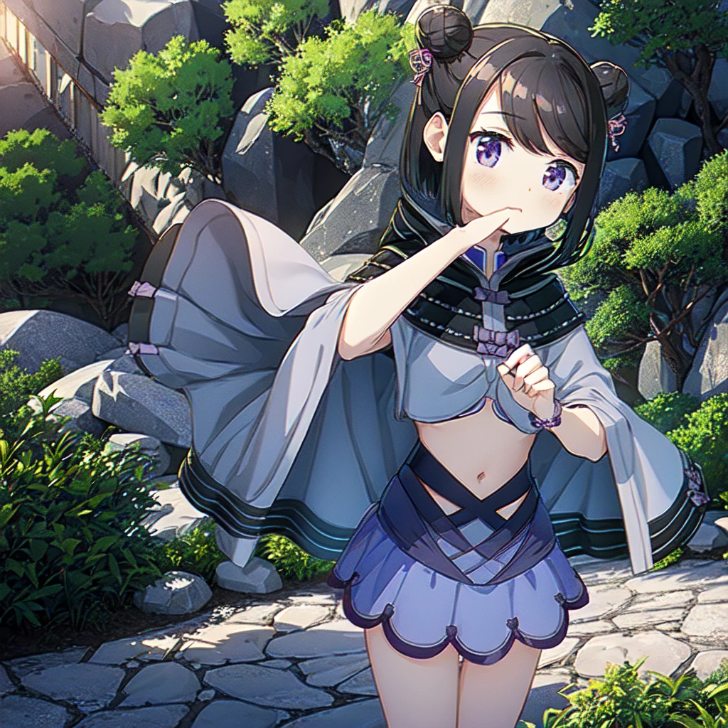 masterpiece, high quality, mgrckuroe, 1girl, (dynamic shot), medium shot, upper body, purple eyes, black hair, black with white cropped jacket, crop top, black hooded cloak with white edgings, double bun, purple bowtie, blue with pink skirt, pink hairpins, outdoors, forest, 