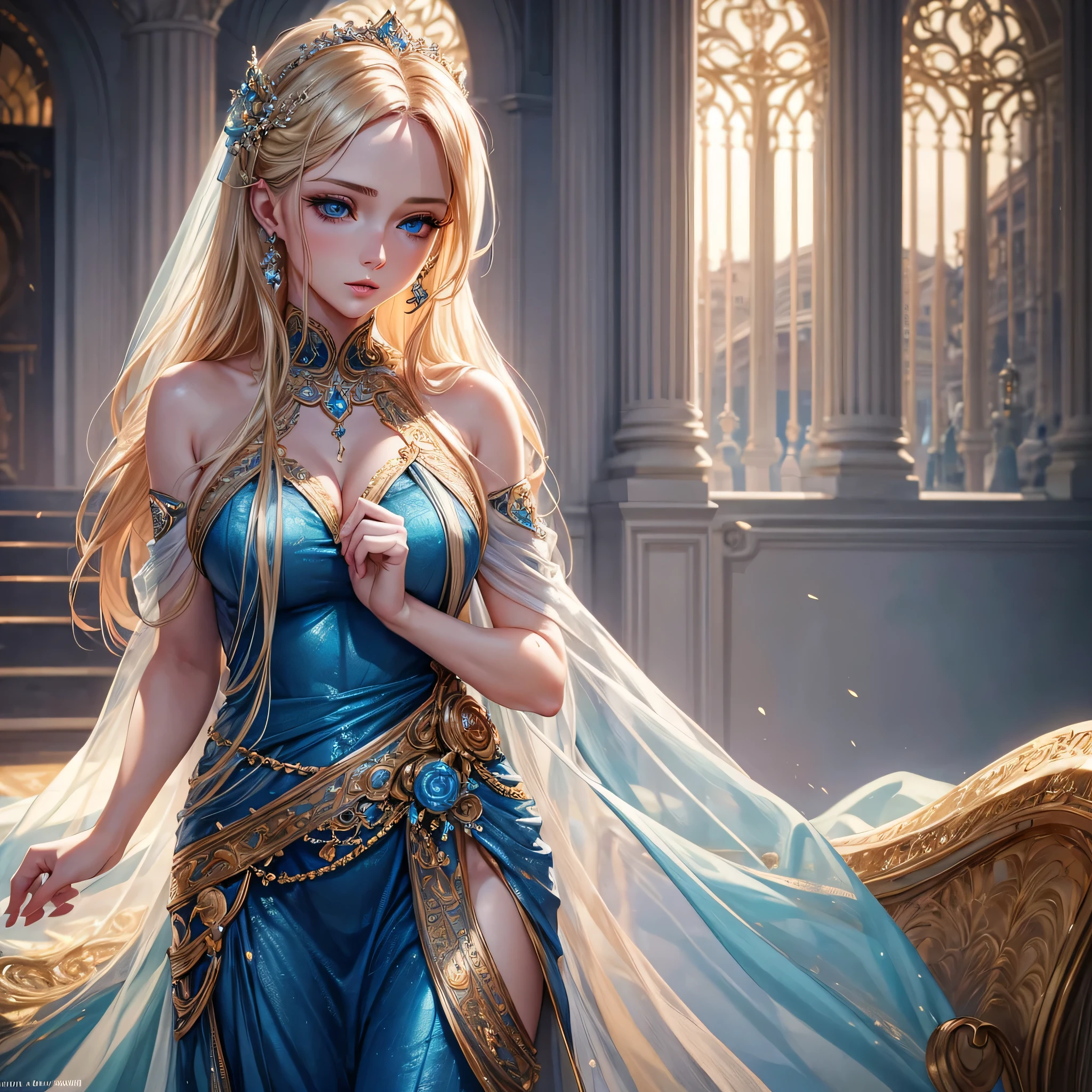 a beautiful young woman, detailed beautiful face, piercing blue eyes, long blonde hair, elegant beautiful dress, flawless skin, delicate facial features, intricate dress design, luxurious fabric, natural lighting, photorealistic, cinematic composition, masterpiece, high quality, hyper detailed