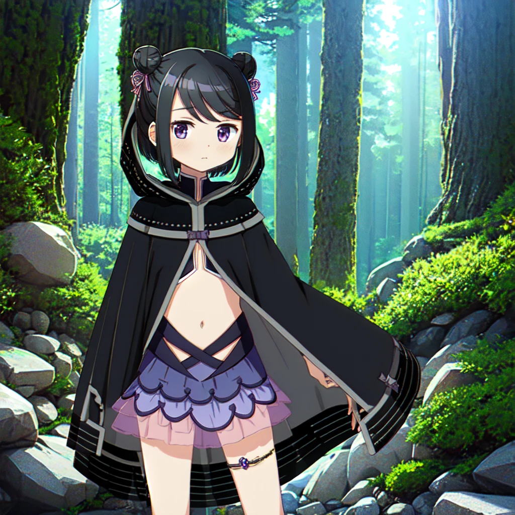 masterpiece, high quality, mgrckuroe, 1girl, (dynamic shot), medium shot, upper body, purple eyes, black hair, black with white cropped jacket, crop top, black hooded cloak with white edgings, double bun, purple bowtie, blue with pink skirt, pink hairpins, outdoors, forest, 