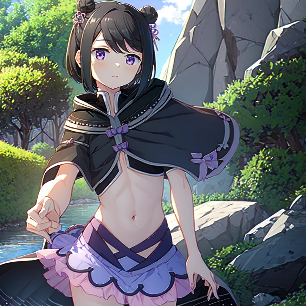 masterpiece, high quality, mgrckuroe, 1girl, (dynamic shot), medium shot, upper body, purple eyes, black hair, black with white cropped jacket, crop top, black hooded cloak with white edgings, double bun, purple bowtie, blue with pink skirt, pink hairpins, outdoors, forest, 