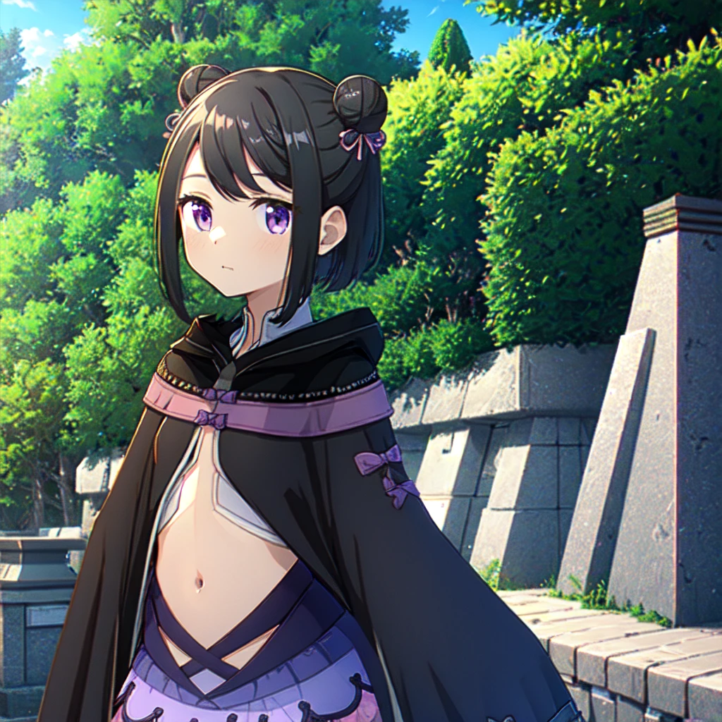 masterpiece, high quality, mgrckuroe, 1girl, (dynamic shot), medium shot, upper body, purple eyes, black hair, black with white cropped jacket, crop top, black hooded cloak with white edgings, double bun, purple bowtie, blue with pink skirt, pink hairpins, outdoors, forest, 