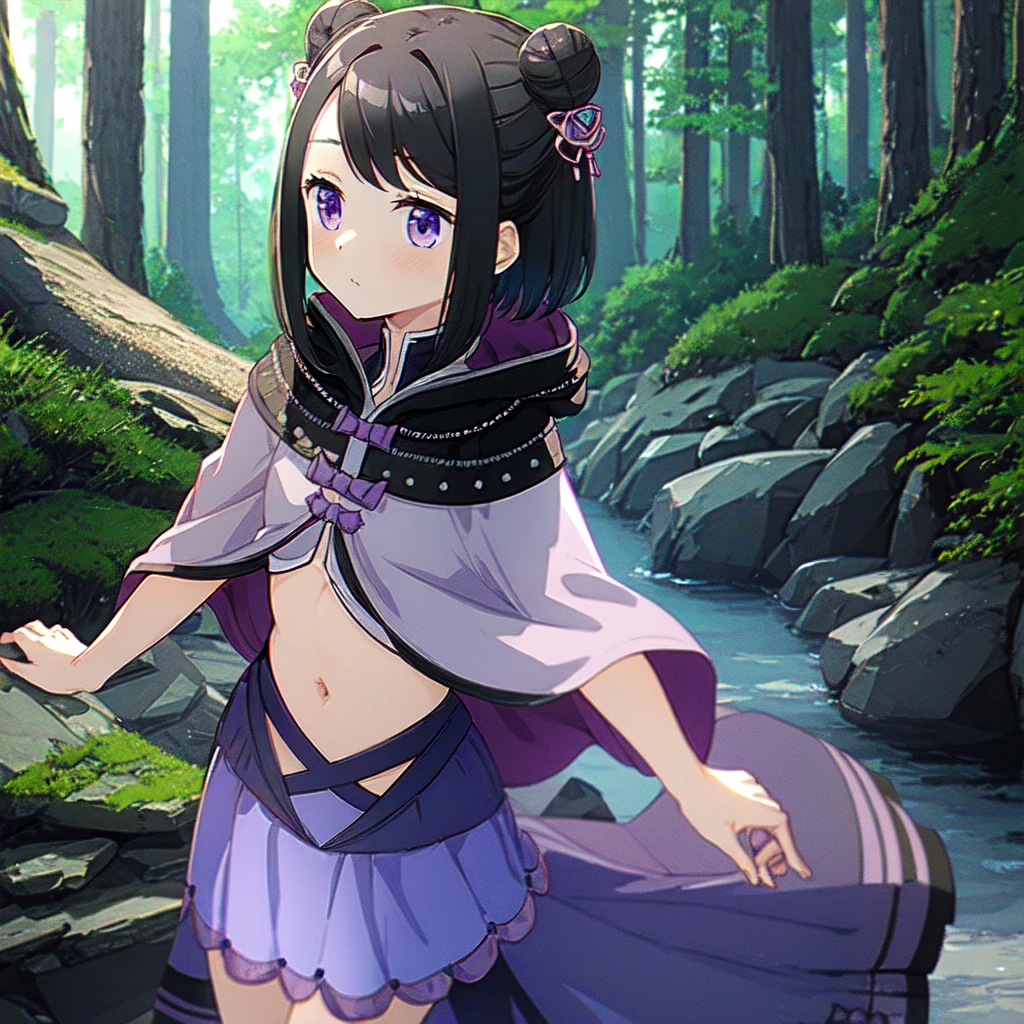 masterpiece, high quality, mgrckuroe, 1girl, (dynamic shot), medium shot, upper body, purple eyes, black hair, black with white cropped jacket, crop top, black hooded cloak with white edgings, double bun, purple bowtie, blue with pink skirt, pink hairpins, outdoors, forest, 