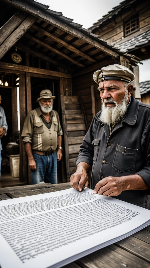 Something big is coming, this text is written on a crusshed paper hold by an old man, behind the man the whole village people stading with curiosity, a dark moody ambiance