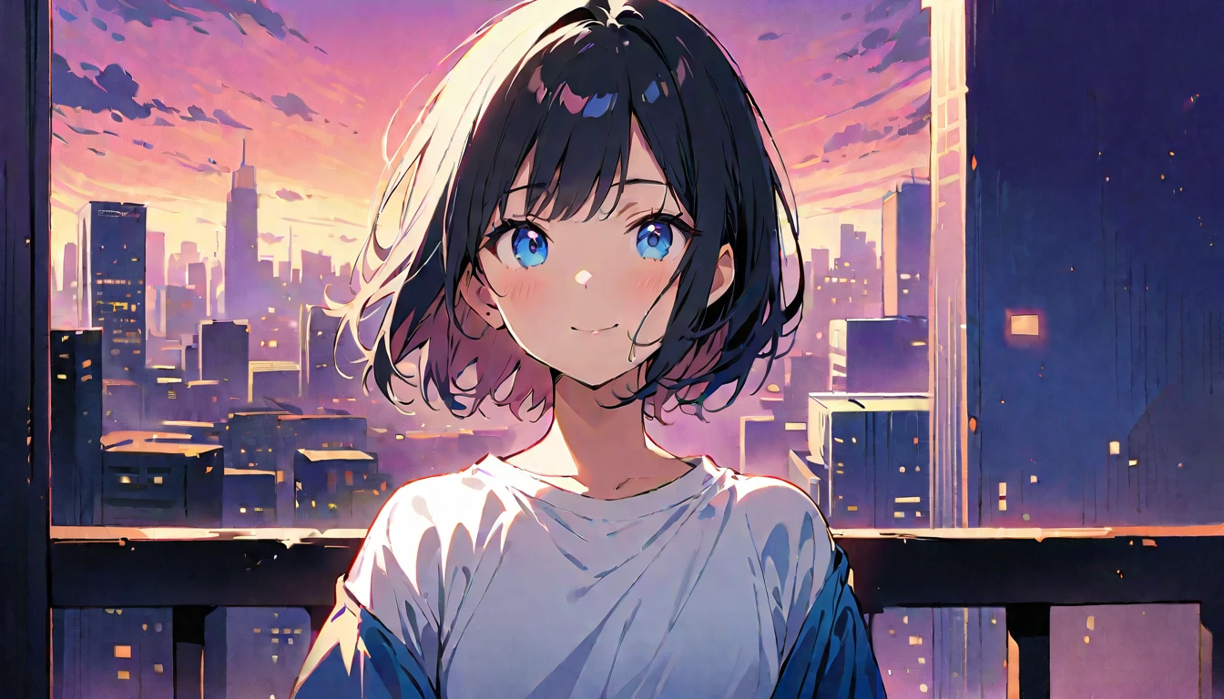 1girl, solo, blue eyes, (detailed eyes), flat chest, short hair, black hair, ((white t-shirt)), simple t-shirt, black skirt, black socks, standing, upper body, gentle smile on her face((masterpiece, illustration, best quality)) girl in a blue coat Wear sunglasses Behind is the cityscape in the evening. There are twinkling lights of the city amidst the blue, blue, and purple sky. Cool girls stand on high balconies or bridges. Looking out at the city with a confident and calm expression. The colors of the picture emphasize the dramatic tone. close up to the face