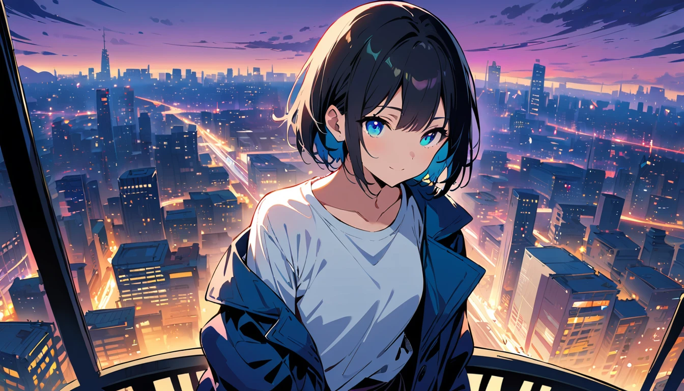 1girl, solo, blue eyes, (detailed eyes), flat chest, short hair, black hair, ((white t-shirt)), simple t-shirt, black skirt, black socks, standing, upper body, gentle smile on her face((masterpiece, illustration, best quality)) girl in a blue coat Wear sunglasses Behind is the cityscape in the evening. There are twinkling lights of the city amidst the blue, blue, and purple sky. Cool girls stand on high balconies or bridges. Looking out at the city with a confident and calm expression. The colors of the picture emphasize the dramatic tone. close up to the face