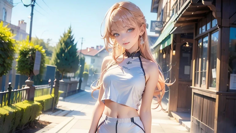 ((1 girl)), Latest trends in clothing, cheerful grin, animated expressions, Sportswear, shorts,blackstockings, racing, Garden ,((very detailled,highest quallity, high resolution, 8 k wallpaper, pretty clothing,)),(hair orange, Hair to the shoulders, juvenile,bouncy hair, ((asymmetrical bangs)) ,(shining blue eyes),ombre, eyeliner,glowing eye, very detailledな目, complex eyes, gorgeous eyes, 輝くBright blue eyes 17 year old