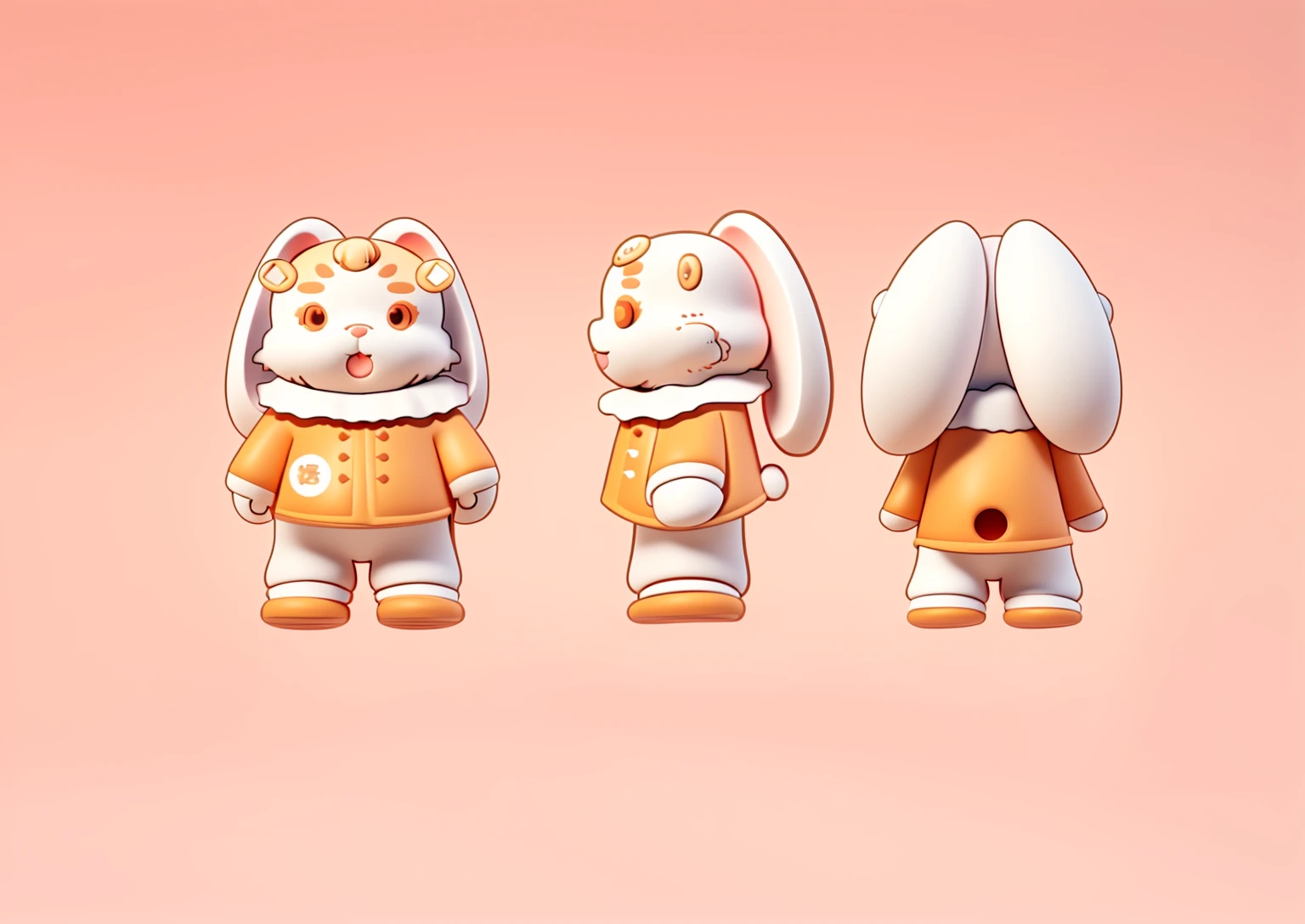 A cute rabbit,Wearing clothes similar to those of Little Chef,Wearing a copper coin headdress on his head,Normal head-to-body ratio,Clarity,Not blurry,Coordination of the five senses,3D Model,3D Effect,Terracotta material