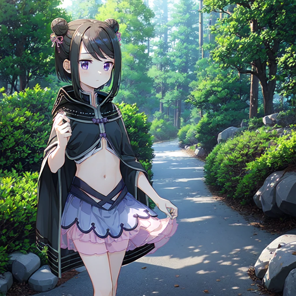 masterpiece, high quality, mgrckuroe, 1girl, (dynamic shot), medium shot, upper body, purple eyes, black hair, black with white cropped jacket, crop top, black hooded cloak with white edgings, double bun, purple bowtie, blue with pink skirt, pink hairpins, outdoors, forest, 