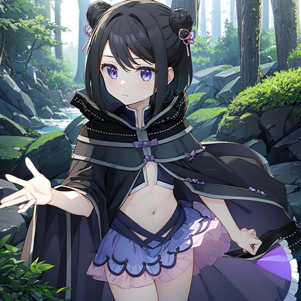 masterpiece, high quality, mgrckuroe, 1girl, (dynamic shot), medium shot, upper body, purple eyes, black hair, black with white cropped jacket, crop top, black hooded cloak with white edgings, double bun, purple bowtie, blue with pink skirt, pink hairpins, outdoors, forest, 