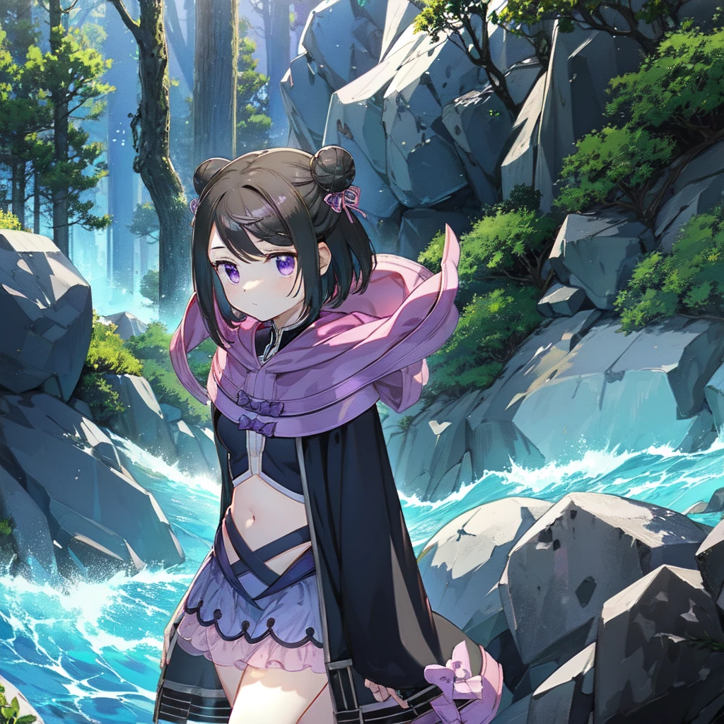 masterpiece, high quality, mgrckuroe, 1girl, (dynamic shot), medium shot, upper body, purple eyes, black hair, black with white cropped jacket, crop top, black hooded cloak with white edgings, double bun, purple bowtie, blue with pink skirt, pink hairpins, outdoors, forest, 