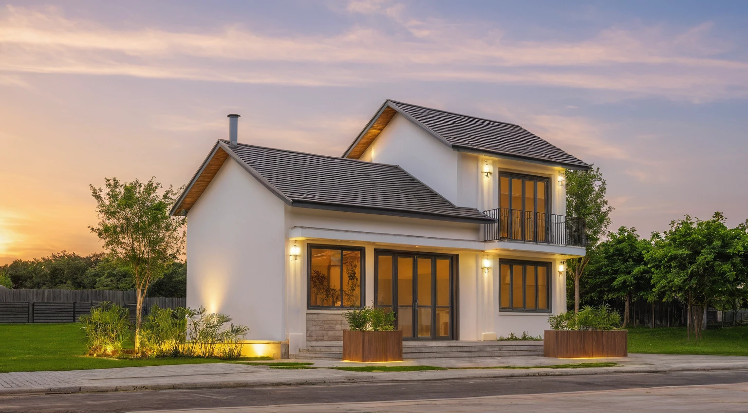 Masterpiece, high quality, best quality, authentic, super detail, outdoors, house style modern, bietthuhn, white wall, glass windows, gate road, pavement, grass, trees, Beautiful_sky, SUNSET, (day:1.1), realistic lighting