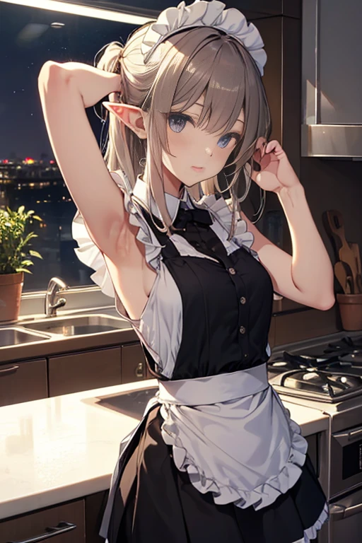 A maid, (in kitchen), various hair styles, night, details face, short skirt, seducing, sleeveless, maid uniform, armpits, elf