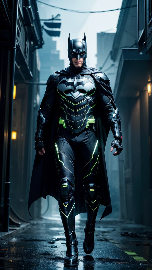 Masterpiece, best quality, NVIDIA RTX, sharp picture, ultra details, cinematic lightning, hi-tech futuristic batman:1.3, perfect face details, proportional body, facial hair, luminous eyes:1.3, perfect mouth:1.3, neon luminous cybernetic-armor:1.3, black gold cybernetic-armor:1.3, perfect cape, cape blown by strong winds:1.3, symmetrical pose, full body, epic lights reflections, night, dark alley, fogs