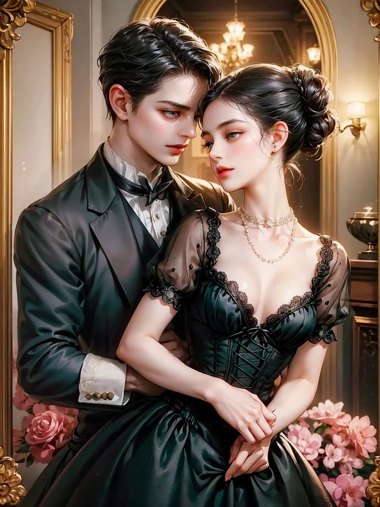 he wears a Victorian-era shirt. he hugs the girl