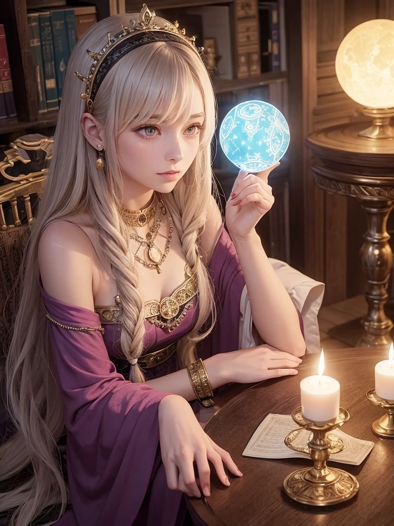 A mystical female fortune teller sitting at a round wooden table in a dimly lit room. The room is filled with arcane symbols, old books, and candles. She has long, flowing hair, and is wearing a bohemian-style dress with intricate patterns. In front of her, there is a crystal ball glowing with a soft light, tarot cards spread out, and various gemstones. The atmosphere is mysterious and enchanting, with a hint of magic in the air.