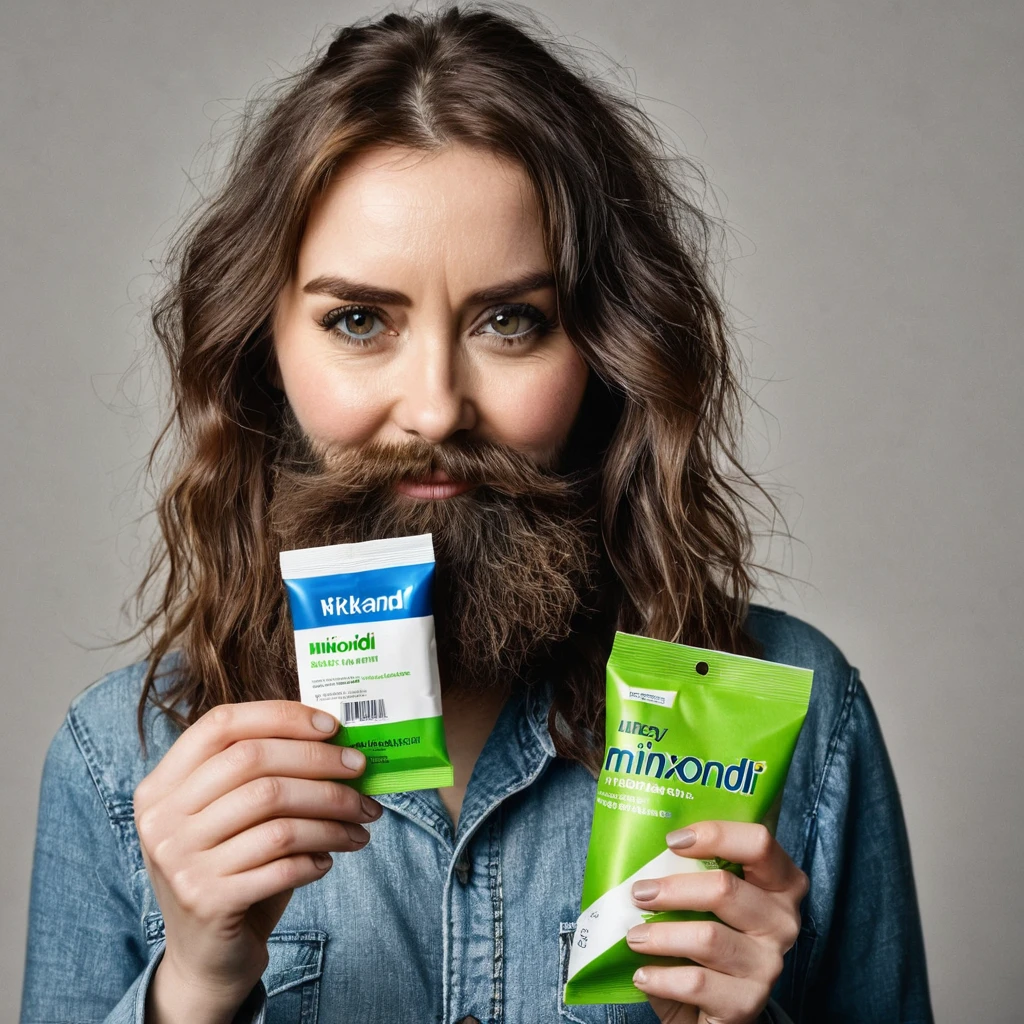 extremely bearded shaggy and hairy woman, hold a packet of minoxidil kirkland in her hands