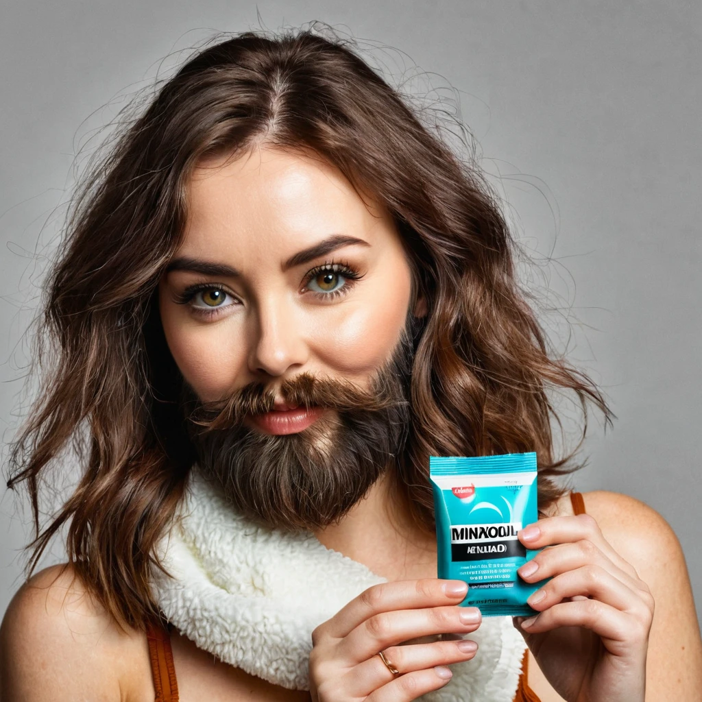 extremely bearded shaggy and hairy woman, hold a packet of minoxidil kirkland in her hands