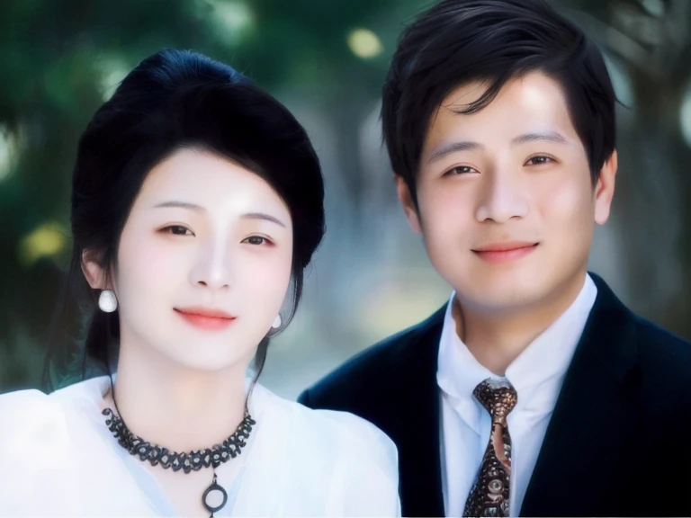 there are two people that are posing for a picture together, ruan jia and fenghua zhong, portrait of two people, phong yintion j - jiang geping, photo portrait, yiqiang and shurakrgt, wu liu, song nan li, hua cheng, guangjian huang, couple portrait, couples portrait, color portrait