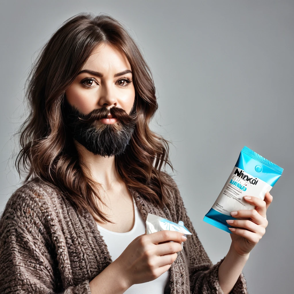 extremely bearded shaggy and hairy woman, hold a packet of minoxidil kirkland in her hands