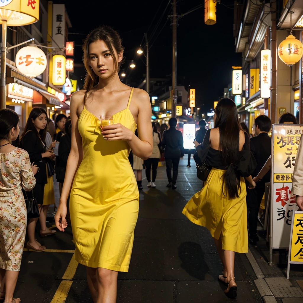 Female supermodel. Yellow cocktail dress. Dim, soft lighting. Sunset. Sugamo Jizodori Shopping Street, Tokyo, Japan. Sunset.